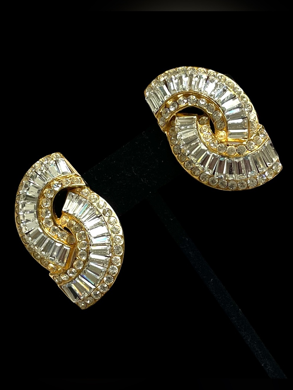 Vintage Mid-Century Art Deco Inspired Gold Plated Rhinestone Clip Earrings